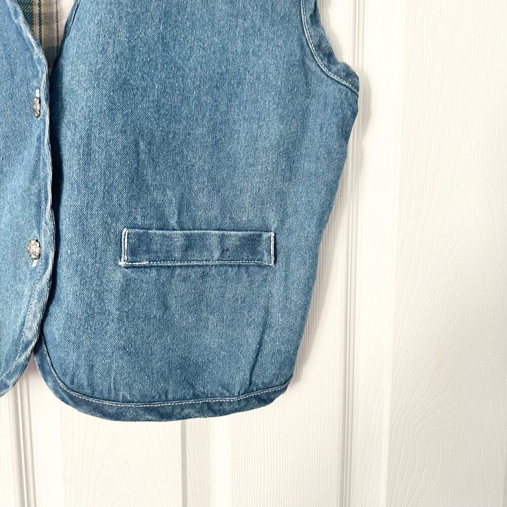 Metro Express Vintage Denim Chambray Red Plaid Flannel Back Button Vest L 14/16 - Picture 5 of 12